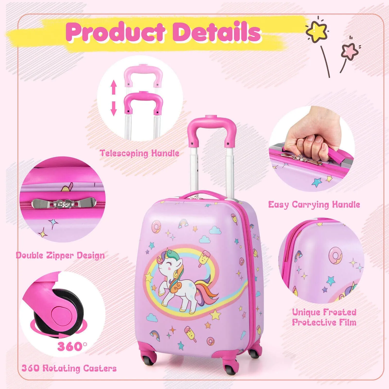 2 Pieces Kids Carry-on Luggage Set with 12 Inch Backpack - Pink