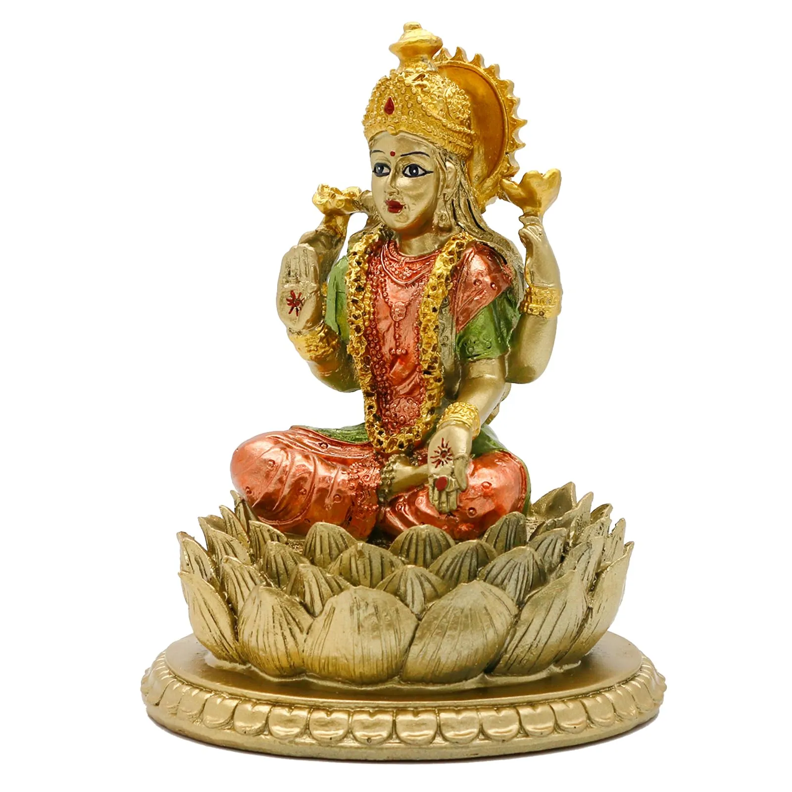 6.3" H Lakshmi On Lotus Polystone in Antique Gold, lndian Laxmi Statue Hindu Murti Figurine for India Buddha for Home Temple Mandir Hindu Gods and Goddesses for Diwali Party Present Birthday