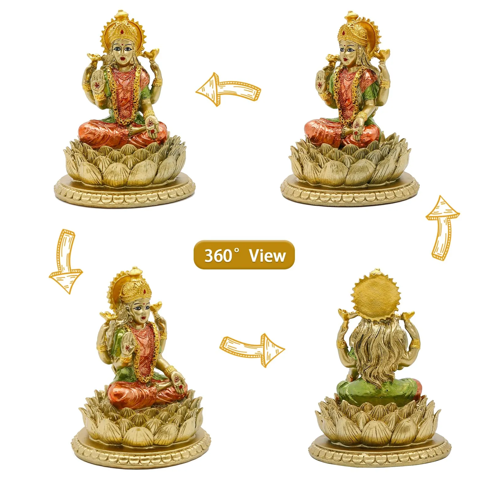 6.3" H Lakshmi On Lotus Polystone in Antique Gold, lndian Laxmi Statue Hindu Murti Figurine for India Buddha for Home Temple Mandir Hindu Gods and Goddesses for Diwali Party Present Birthday