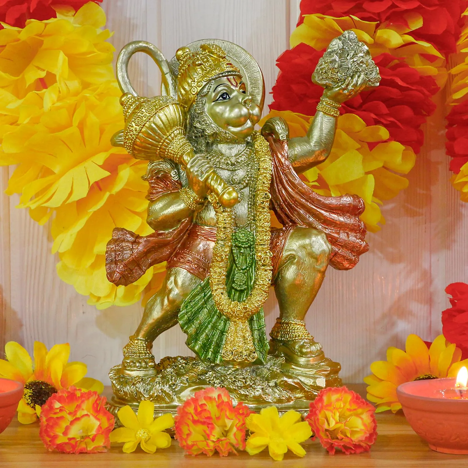 alikiki Hindu God Flying Hanuman Statue - India Idol Murti Pooja Sculpture Home Temple Mandir Pooja Decor Yoga Meditation Room Altar Puja Item Spirtitual Gifts