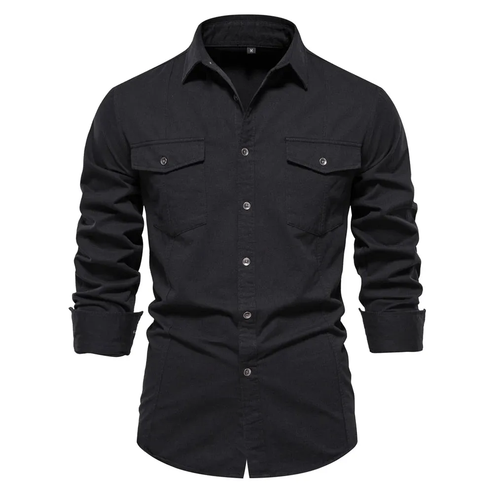 Autumn Military Style 100% Cotton Pocket Shirt for Men Solid Color Slim Casual Men Shirts Long Sleeve