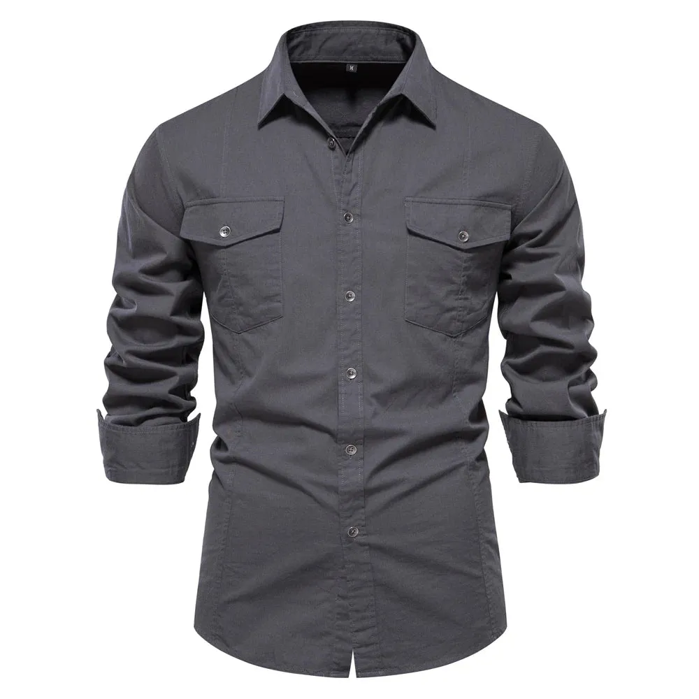 Autumn Military Style 100% Cotton Pocket Shirt for Men Solid Color Slim Casual Men Shirts Long Sleeve