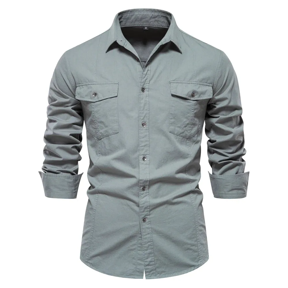 Autumn Military Style 100% Cotton Pocket Shirt for Men Solid Color Slim Casual Men Shirts Long Sleeve