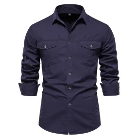 Autumn Military Style 100% Cotton Pocket Shirt for Men Solid Color Slim Casual Men Shirts Long Sleeve