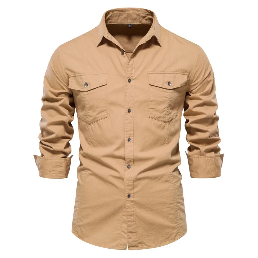 Autumn Military Style 100% Cotton Pocket Shirt for Men Solid Color Slim Casual Men Shirts Long Sleeve