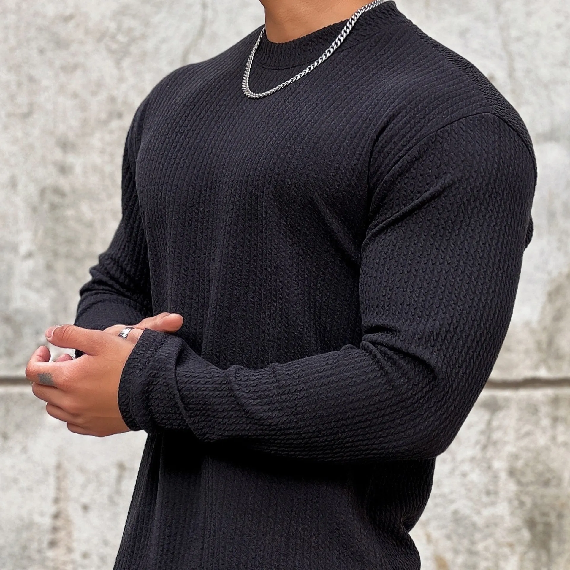 Autumn Winter Casual T-shirt Men Long Sleeves Solid Shirt Gym Fitness Bodybuilding Tees Tops Male Fashion Slim Stripes Clothing