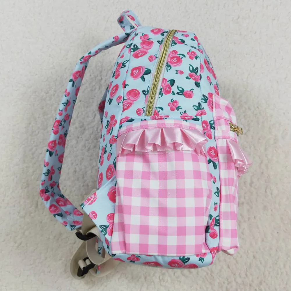 Baby Kids Girls Backpacks Pink Flowers Checkered Backpack Zip Back Bags BA0217