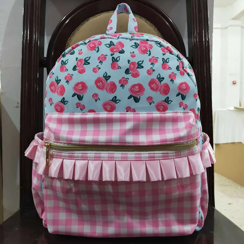 Baby Kids Girls Backpacks Pink Flowers Checkered Backpack Zip Back Bags BA0217