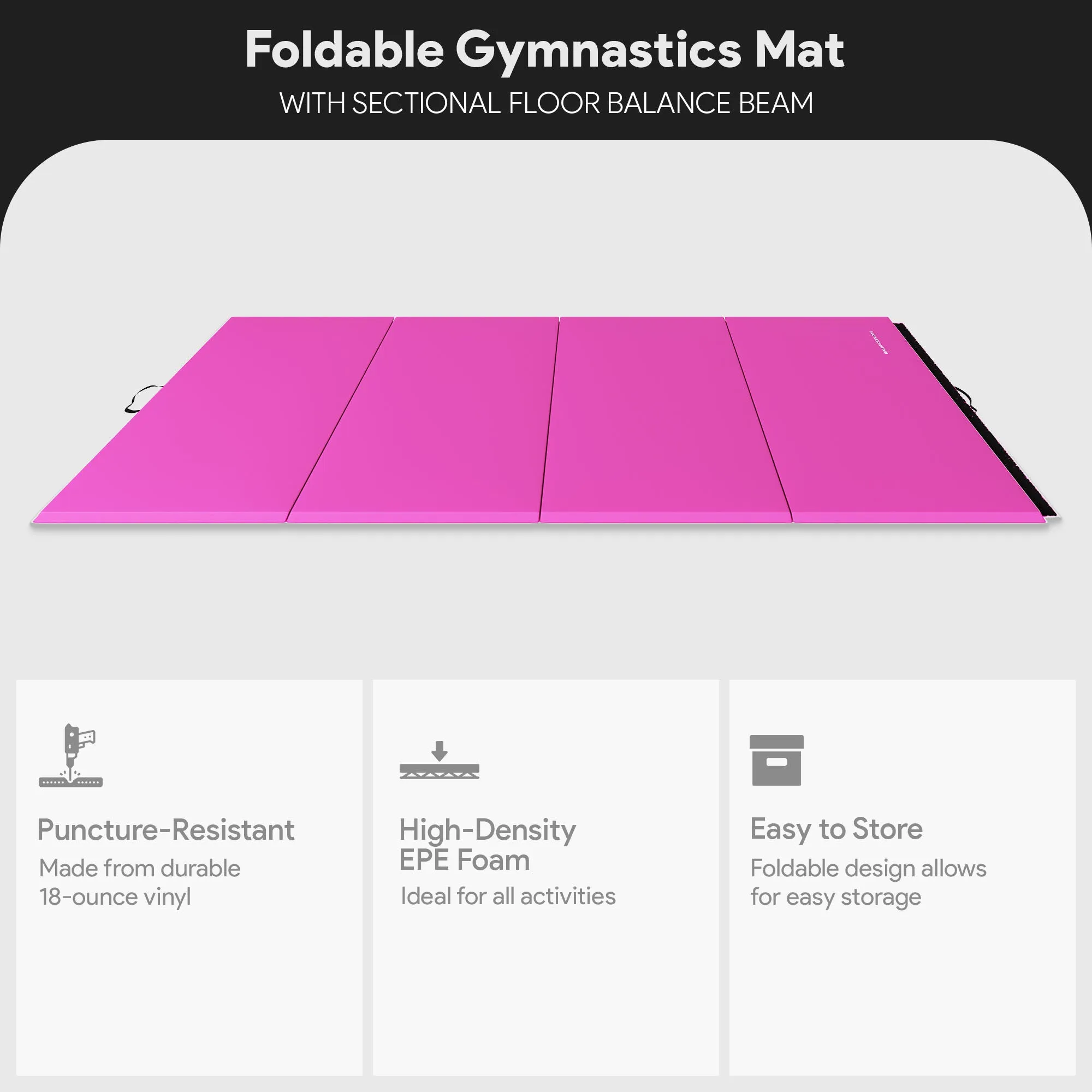 BalanceFrom Fitness Foldable Gymnastics Mat w/Sectional Floor Balance Beam, Pink