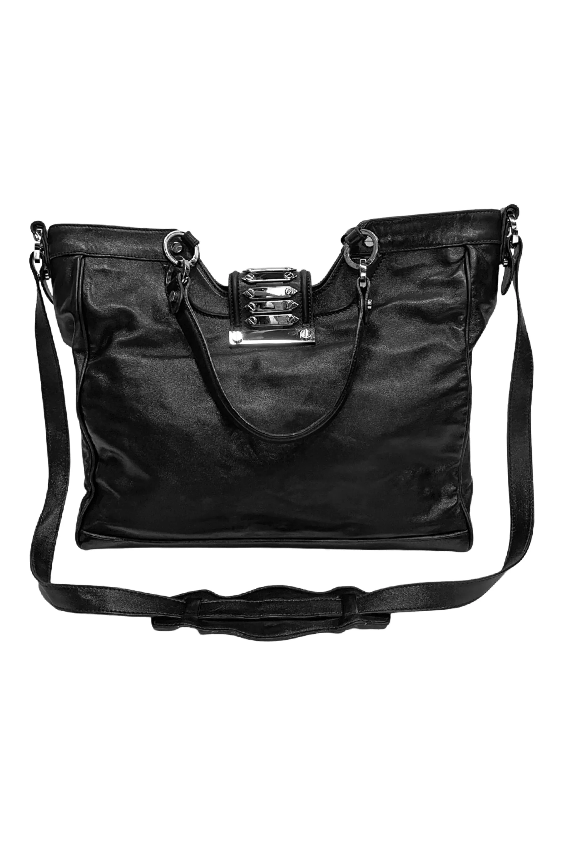 BALENCIAGA BLACK LEATHER AND STUDDED CHROME MESSENGER BAG 2007