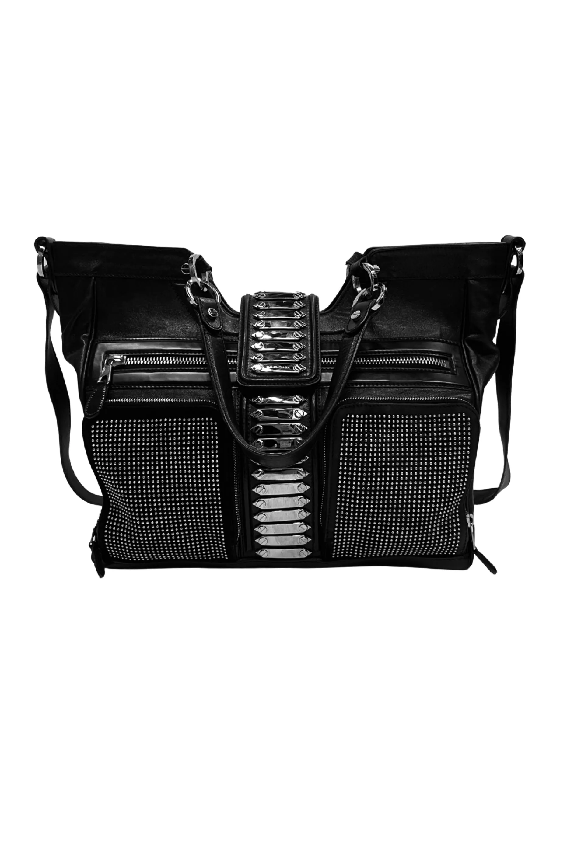 BALENCIAGA BLACK LEATHER AND STUDDED CHROME MESSENGER BAG 2007