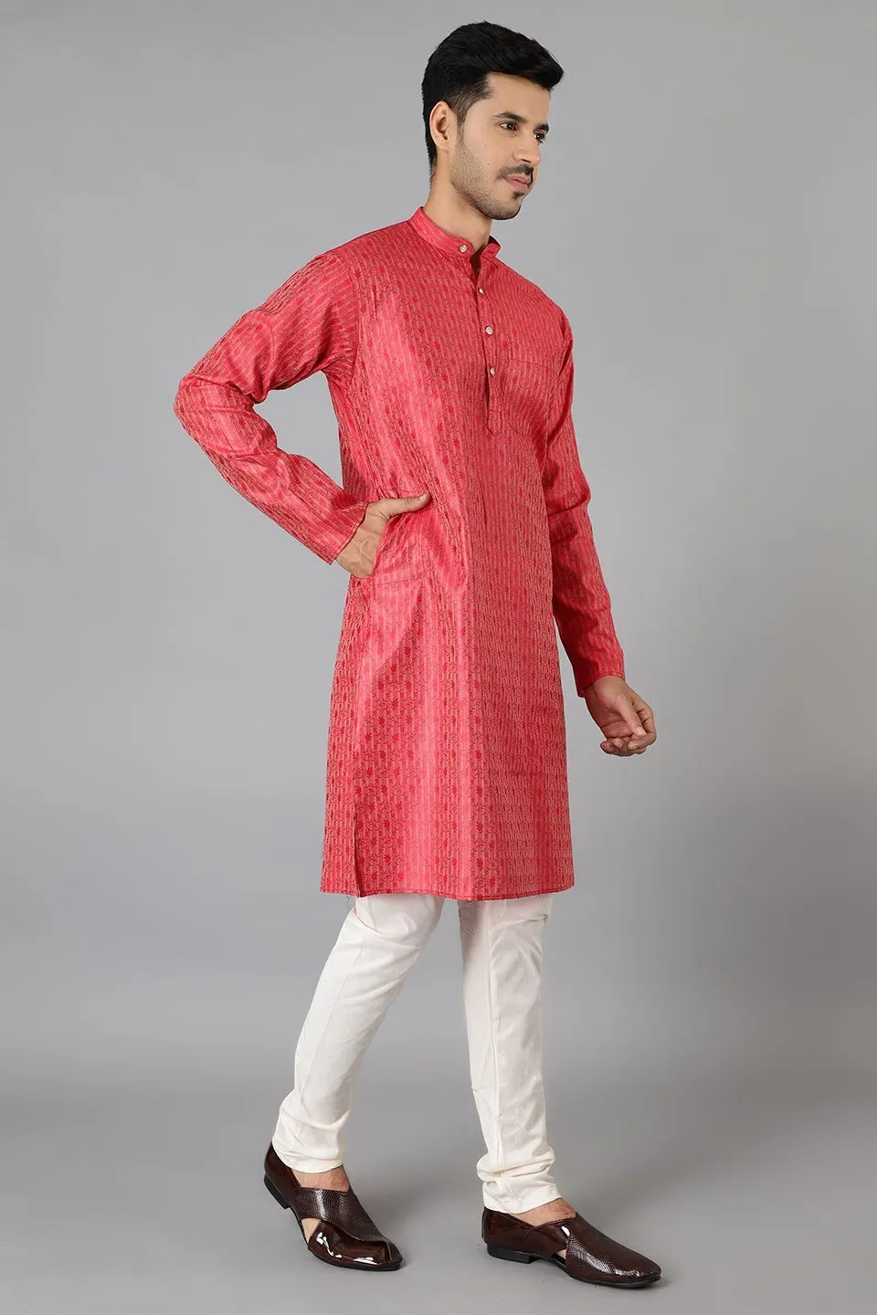 Banarasi Rayon Cotton Red Kurta Pajama