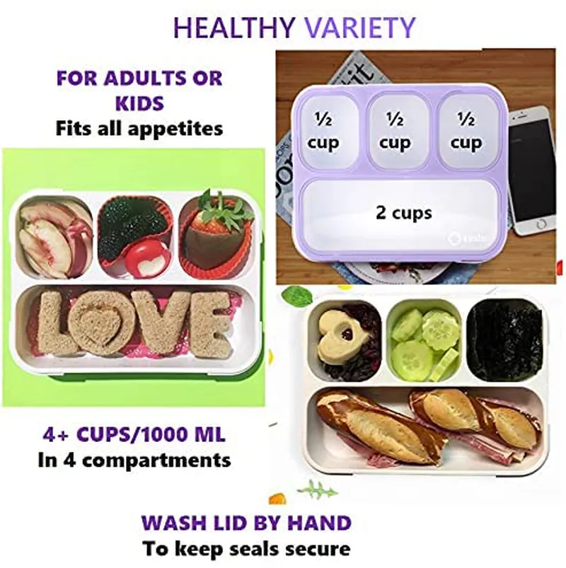 Bento Box for Kids Lunch-Boxes for Women Adults Girls Boys | Portion Snack Containers for Toddlers Pre-School Day Care Work Lunches BPA Free | 4 Compartments, Green-Yellow