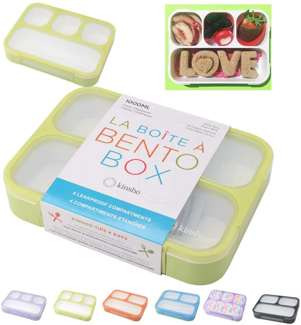 Bento Box for Kids Lunch-Boxes for Women Adults Girls Boys | Portion Snack Containers for Toddlers Pre-School Day Care Work Lunches BPA Free | 4 Compartments, Green-Yellow