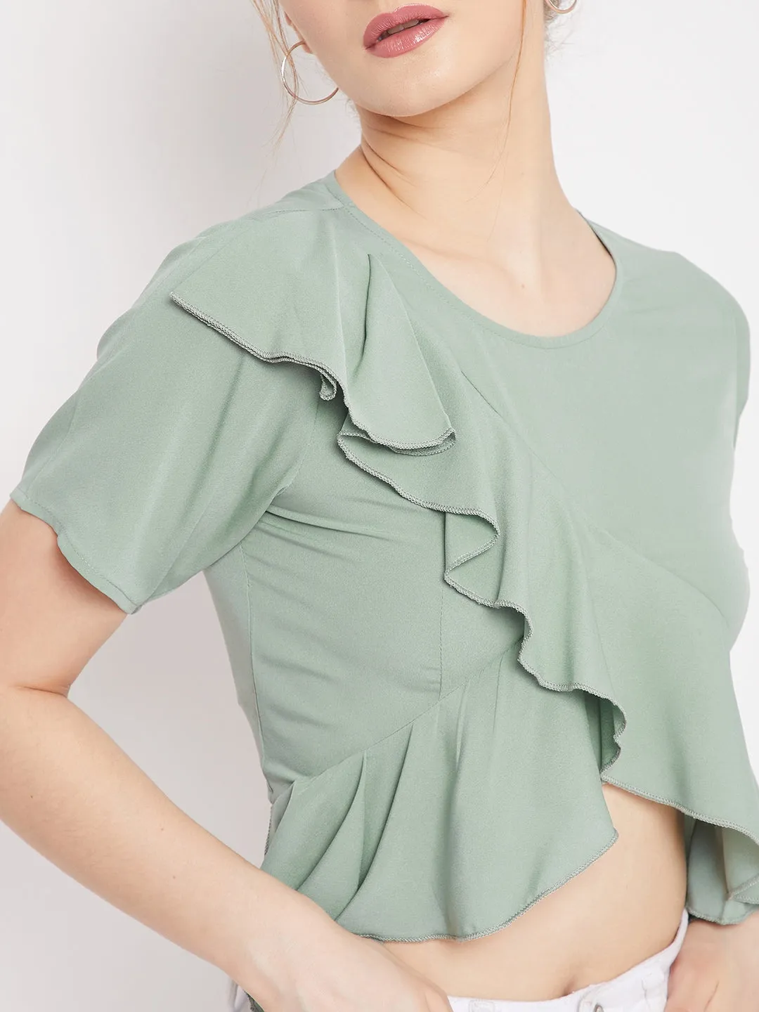 Berrylush Women Solid Green Round Neck Front Cross Ruffled Trim Wrap Crop Top