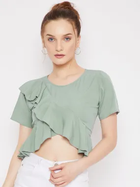 Berrylush Women Solid Green Round Neck Front Cross Ruffled Trim Wrap Crop Top