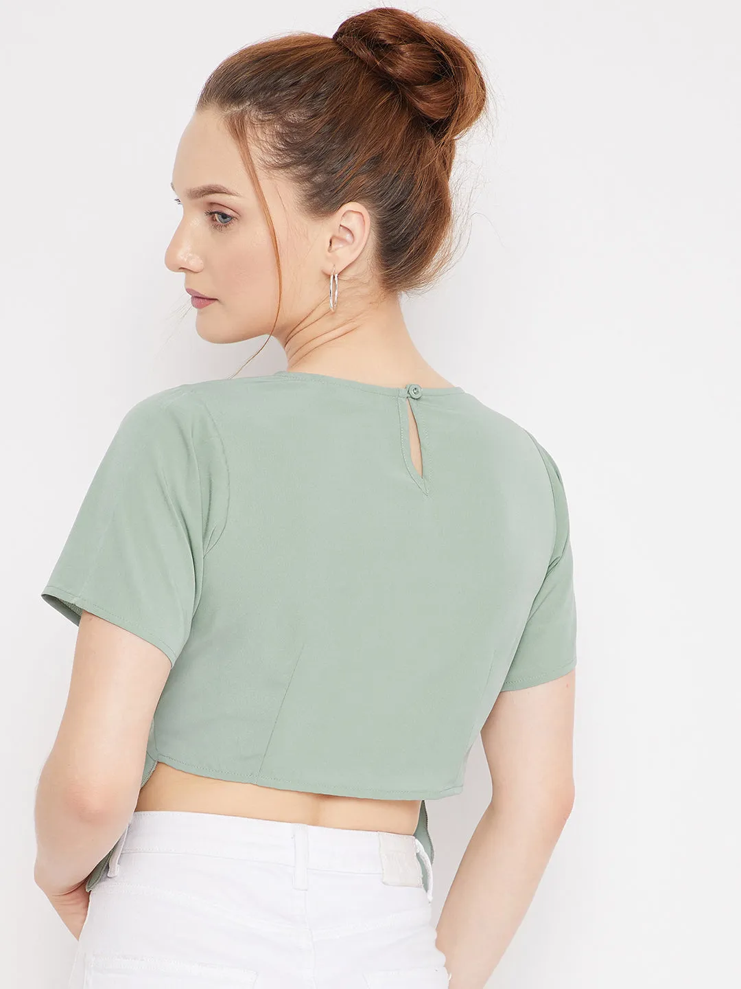 Berrylush Women Solid Green Round Neck Front Cross Ruffled Trim Wrap Crop Top