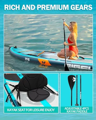 Bigfly 11'6×35" Super Wide Inflatable Stand Up Paddle Board, Ultra Stable Wide SUP for 2 1 People/Family/Big Size, Kayak Seat & Kayak Floating Paddle 4pcs