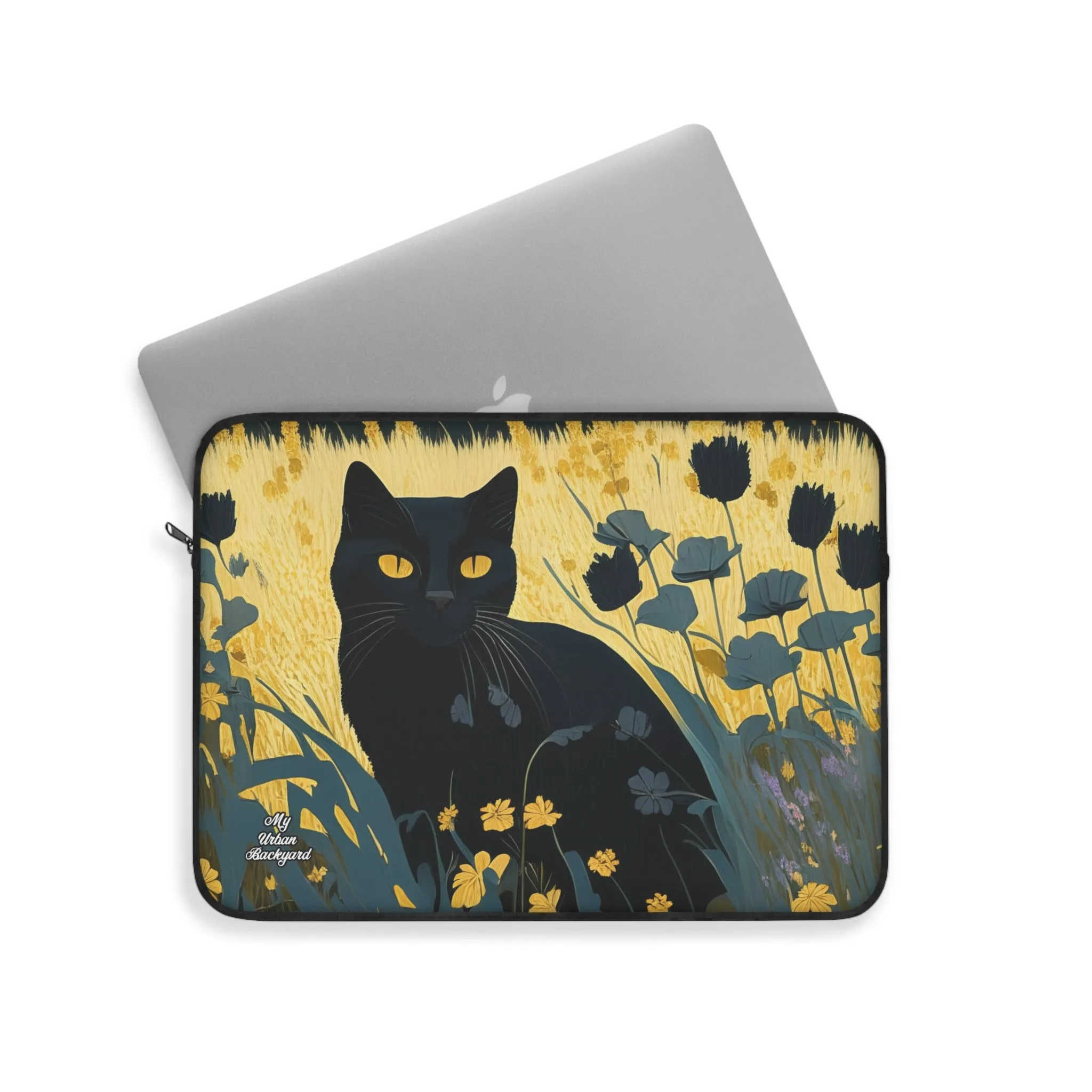 Black Cat with Black Flowers, Laptop Carrying Case, Top Loading Sleeve for School or Work