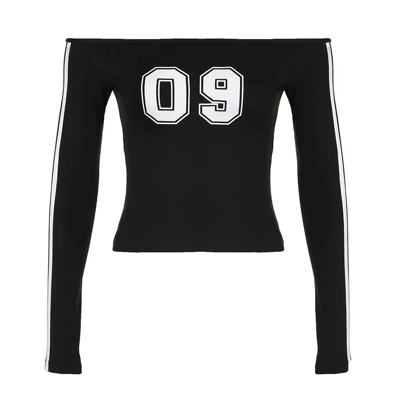 Black Cropped Tees Y2k Streetwear Off Shoulder Striped Long Sleeve Tops for Women Fall Fashion T Shirts P67-BB14