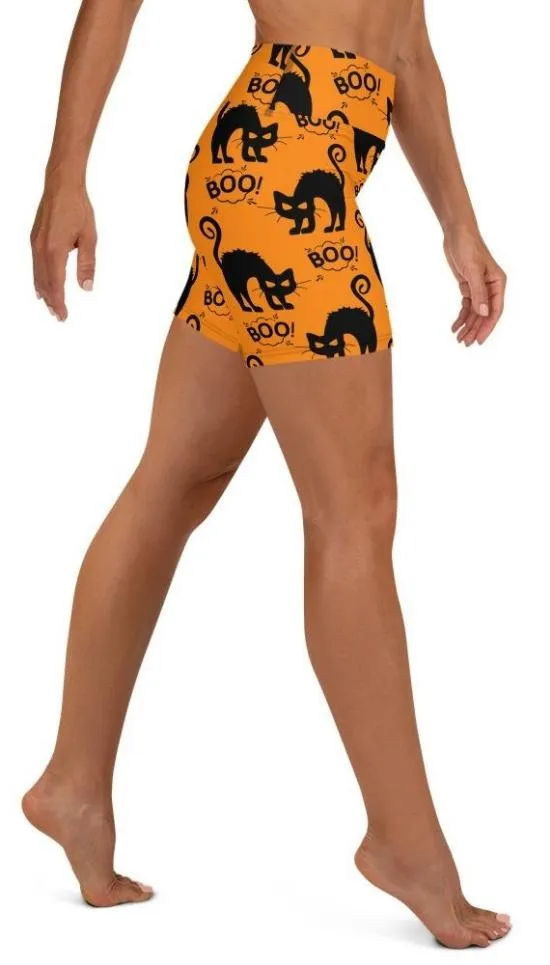 Black Kitty Halloween Yoga Shorts