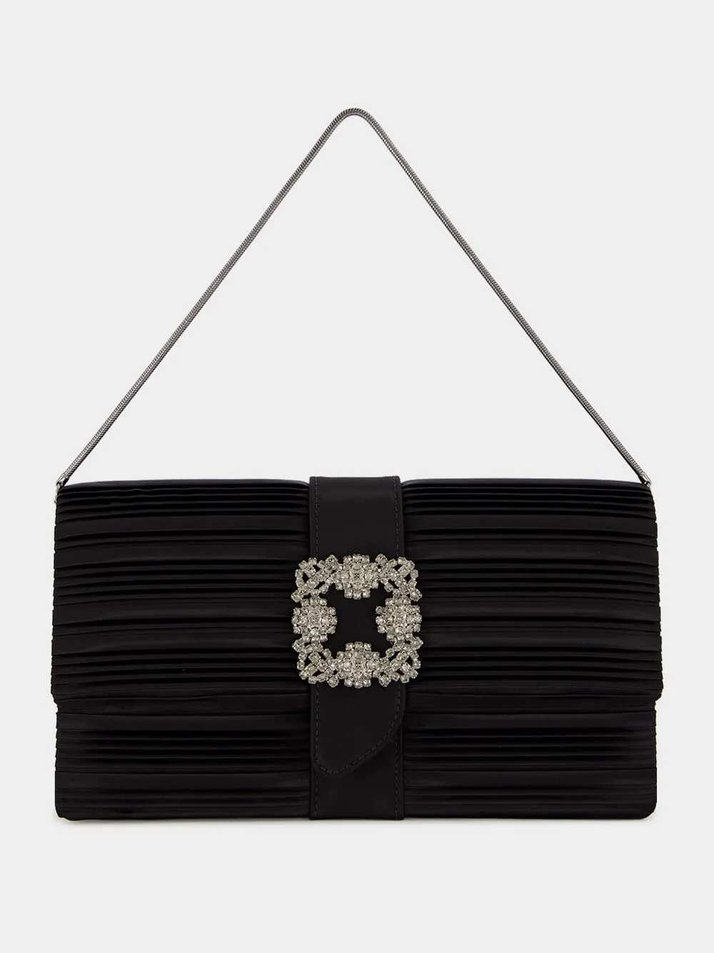 Black Satin Clutch with Crystal Buckle Detail