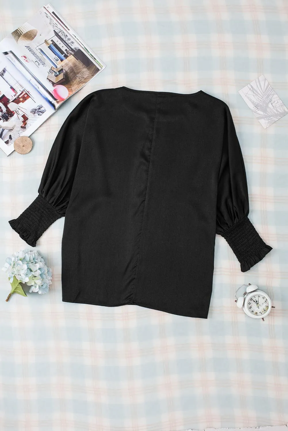 Black Shirred Dolman Sleeve Satin Blouse for Women