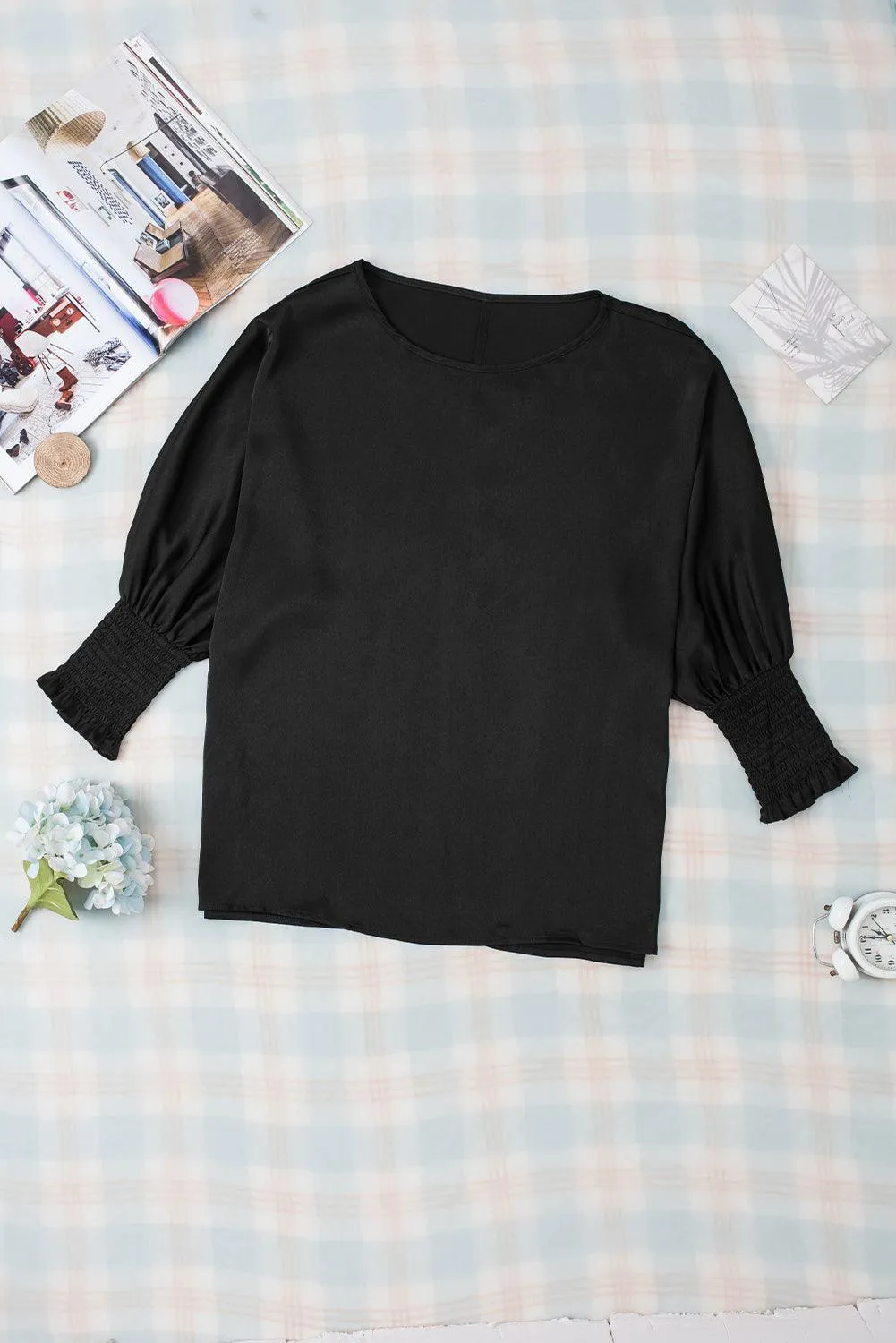 Black Shirred Dolman Sleeve Satin Blouse for Women