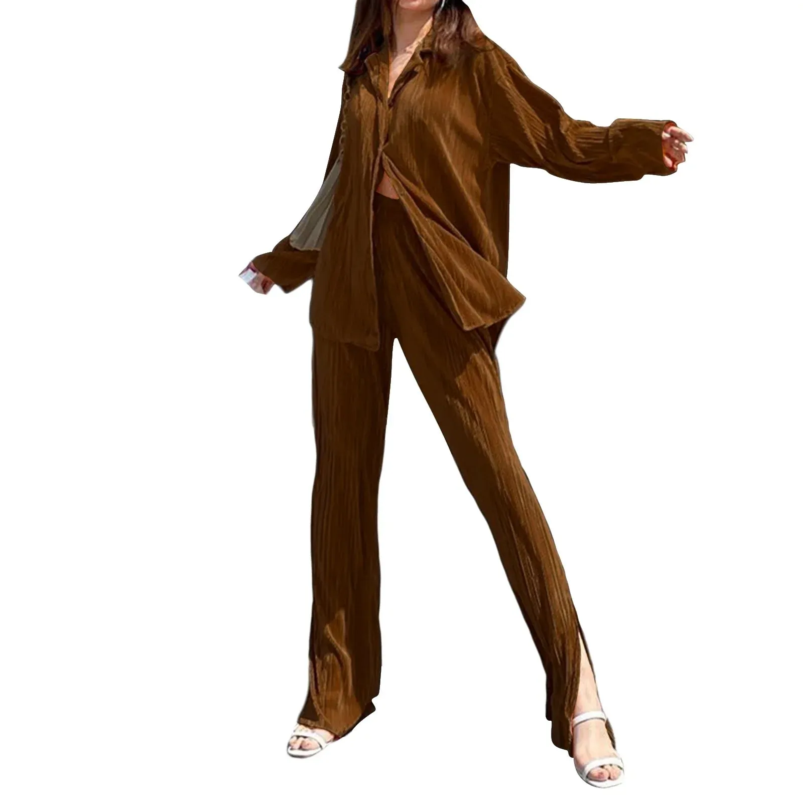 Button-Down Lapel Long Sleeve Wide Legs Streetwear Pleated Pajamas