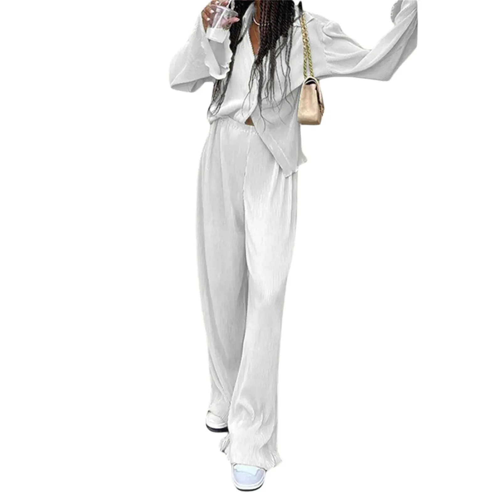 Button-Down Lapel Long Sleeve Wide Legs Streetwear Pleated Pajamas