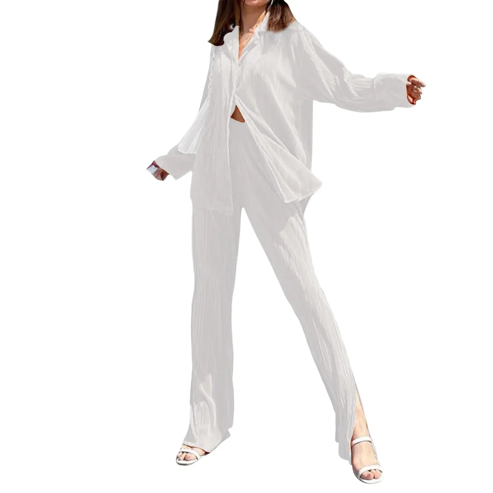 Button-Down Lapel Long Sleeve Wide Legs Streetwear Pleated Pajamas