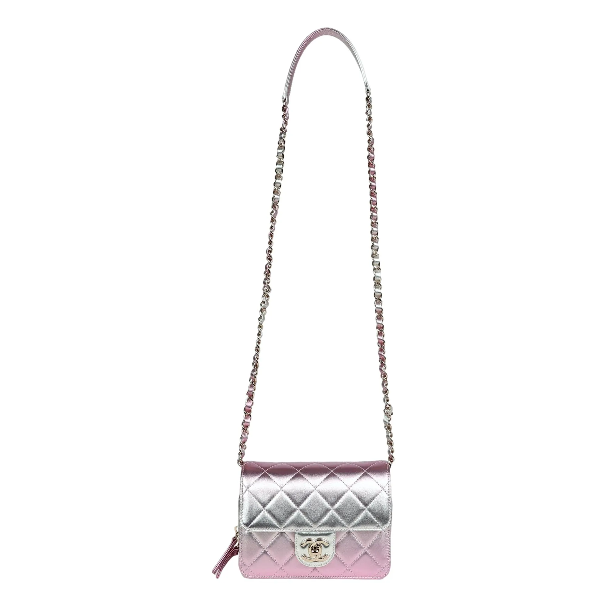 Chanel Mini Flap Bag in Iridescent Pink & Silver Metallic Lambskin