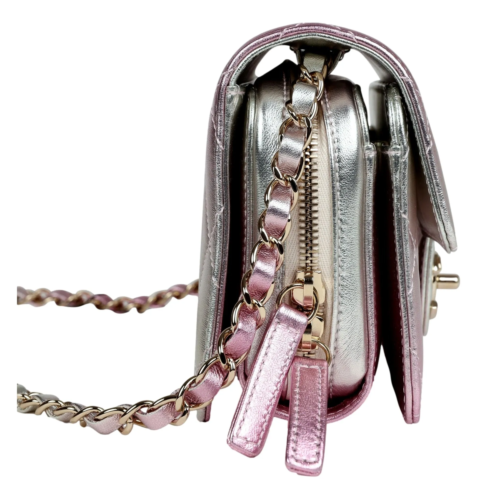 Chanel Mini Flap Bag in Iridescent Pink & Silver Metallic Lambskin