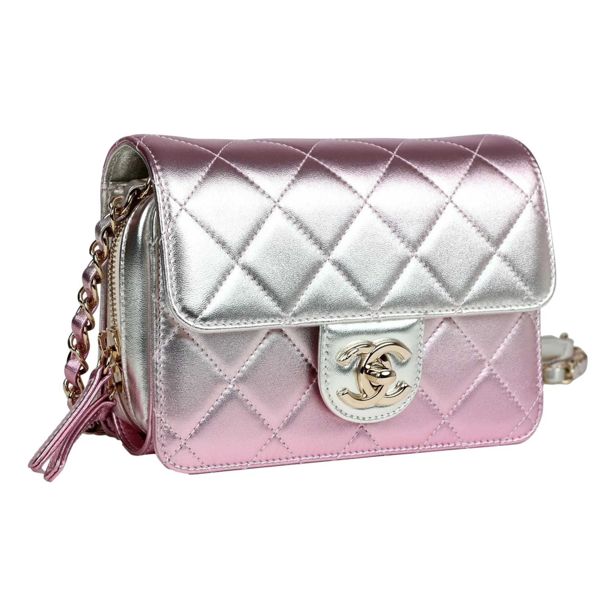 Chanel Mini Flap Bag in Iridescent Pink & Silver Metallic Lambskin