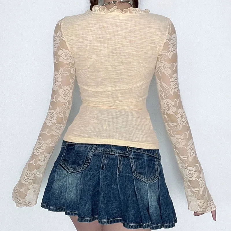 Chic Korean Autumn T shirt Female Cute Lace Spliced Fashon Tops Coquette Clothes Ruched Tie Up Slim Transparent Tees