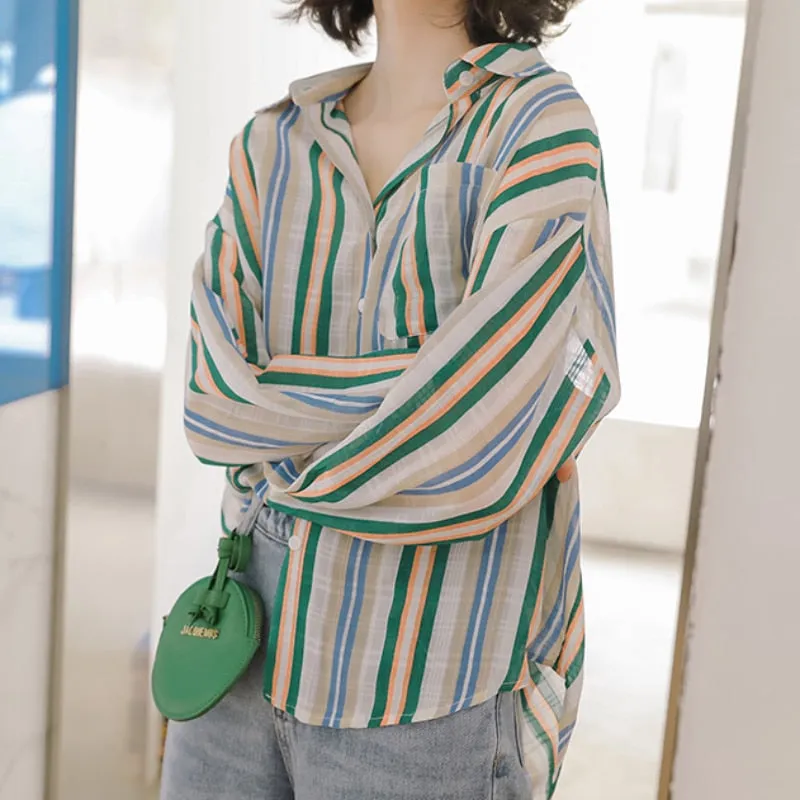 Chiffon Women Thin Shirts Korean Fashion Striped Long Sleeve Casual Pocket Button Up Shirt Designed Loose Female Spring Top