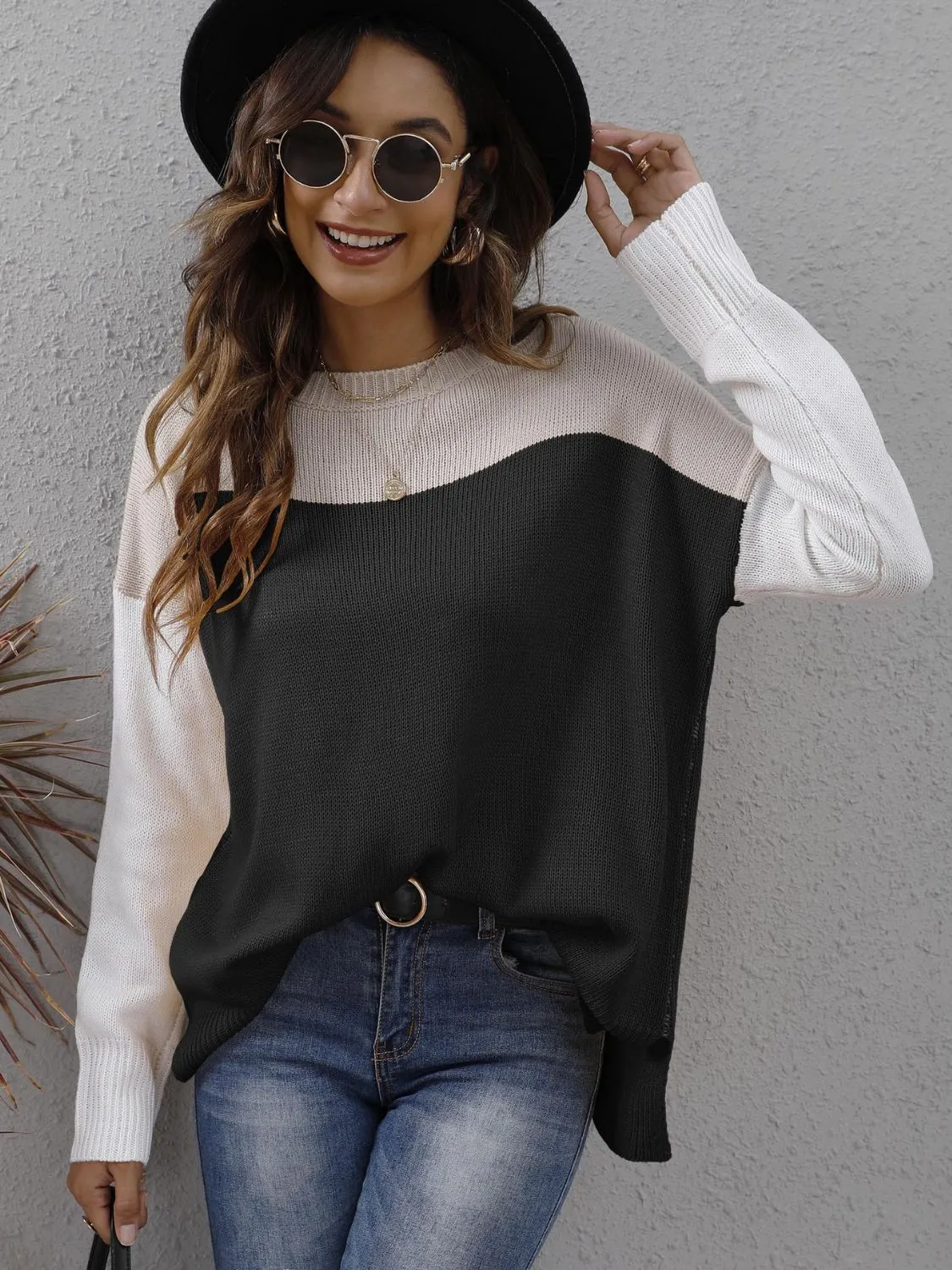 Color Block Round Neck Dropped Shoulder Sweater