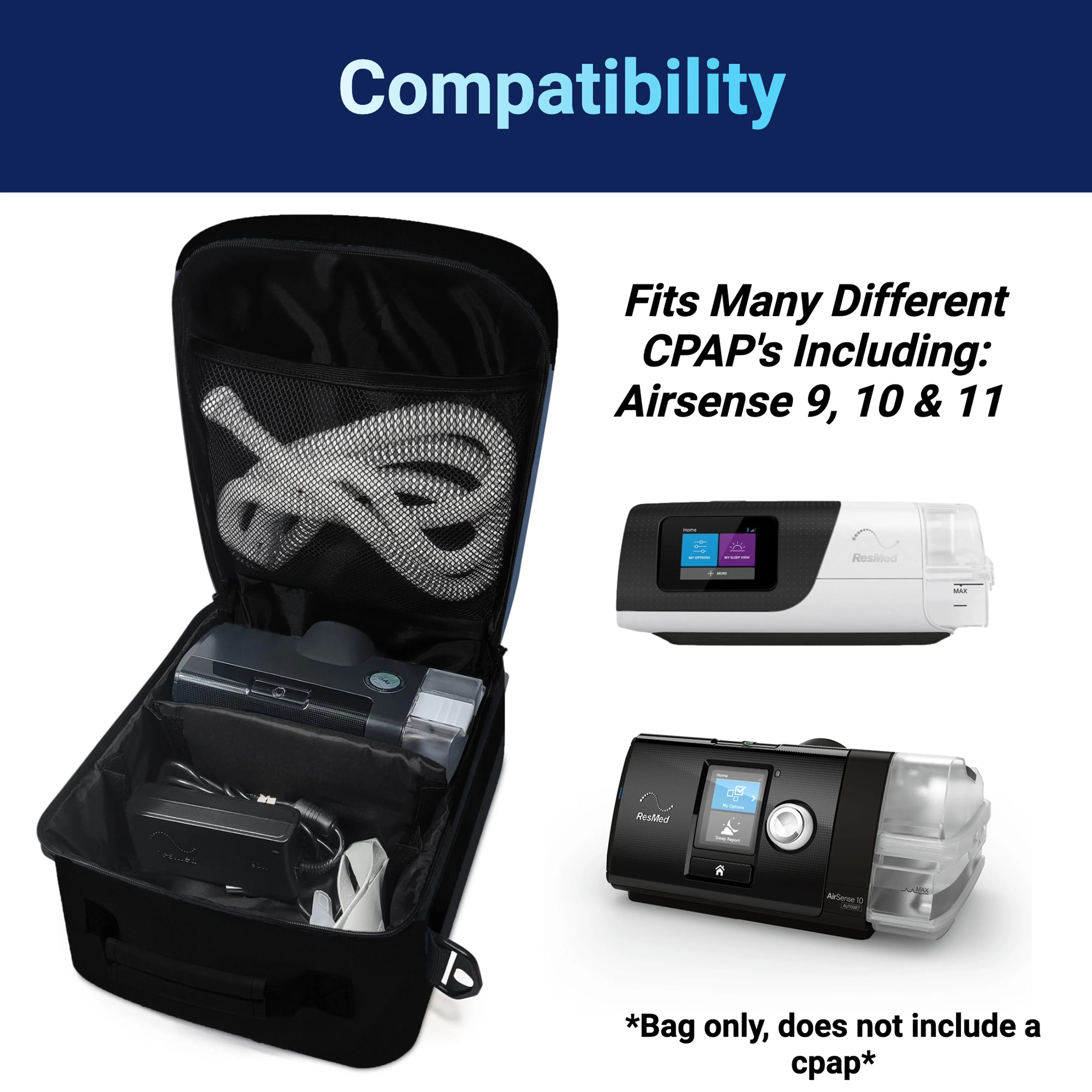 Cpap Travel Bag for Resmed Airsense, Airsense 10, 11, Air Mini, Luna II, & more! (Navy)