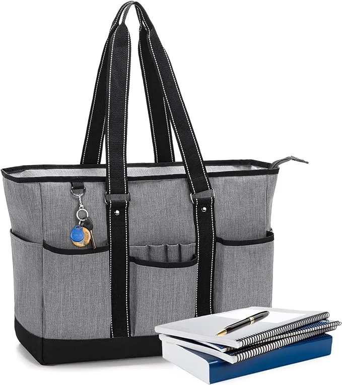 Damero Teacher Tote Bag with Padded Laptop Sleeve, Teacher Work Bag, Teacher Utility Bag with Multiple Pockets for School, Work, Grey