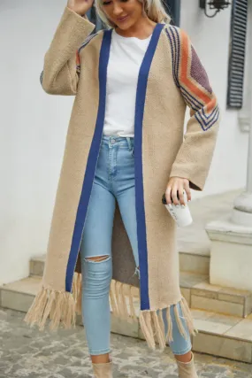 Double Take Geometric Fringe Hem Open Front Duster Cardigan