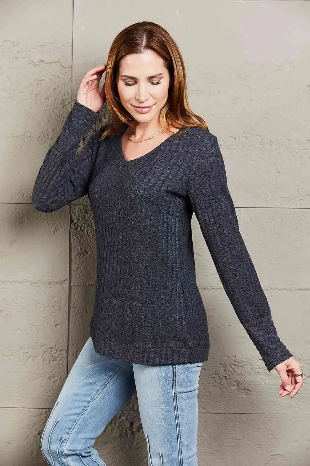 Double Take V-Neck Long Sleeve Ribbed Top