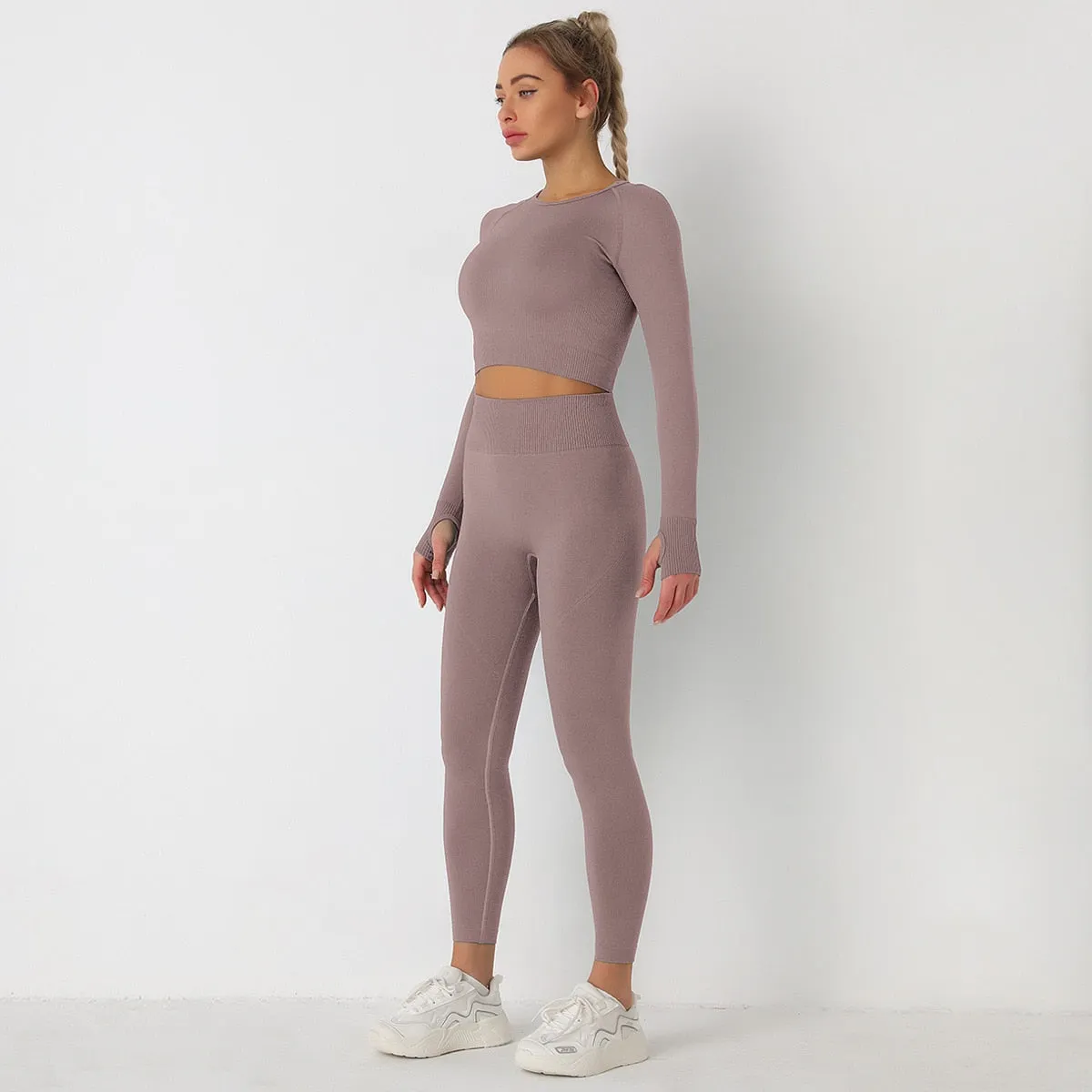 European and American Solid Color Yoga Suit Long Sleeve Anti-Shrink Quick-drying Crop Top High Waist pant tracksuit women