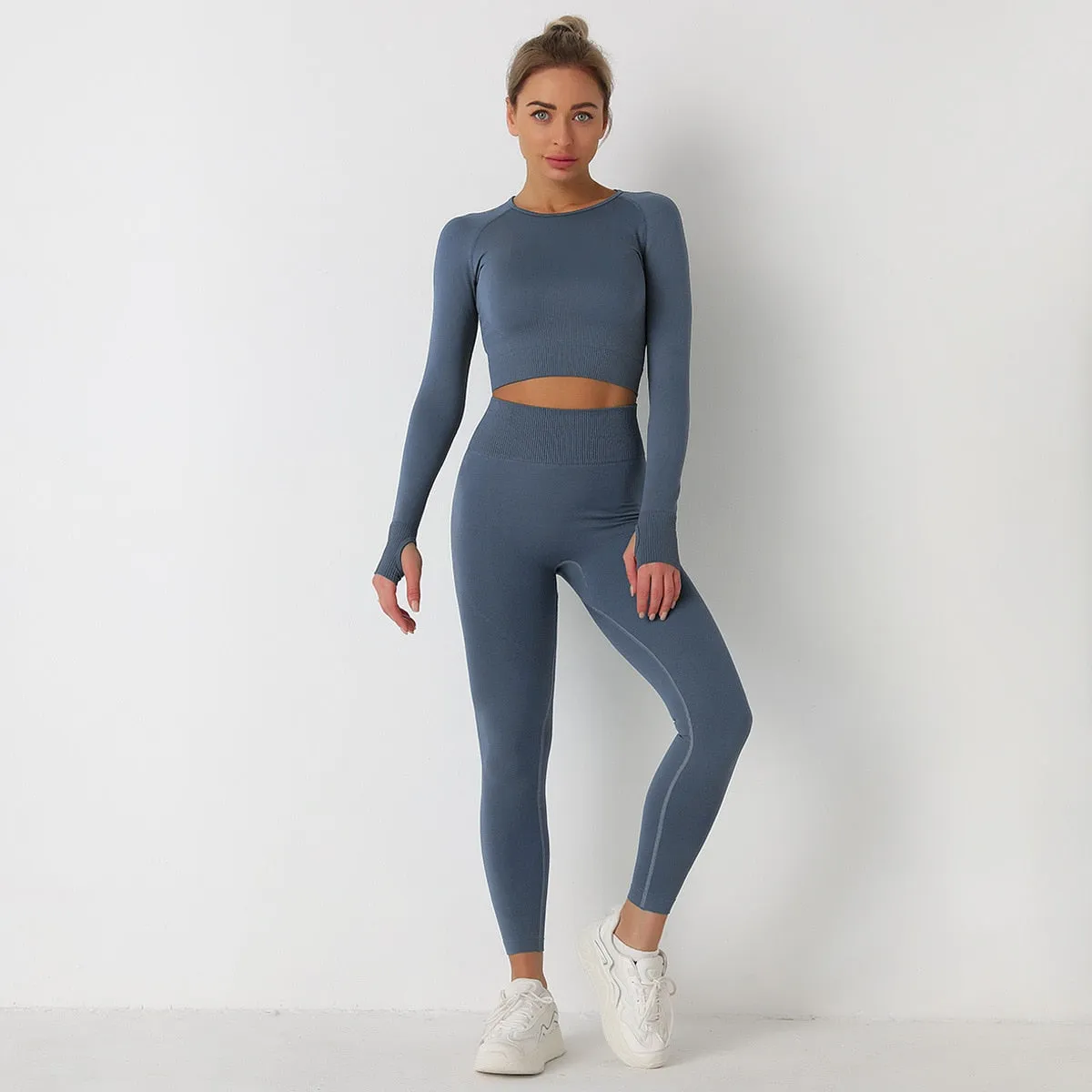 European and American Solid Color Yoga Suit Long Sleeve Anti-Shrink Quick-drying Crop Top High Waist pant tracksuit women