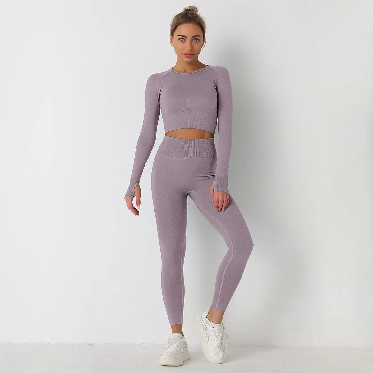 European and American Solid Color Yoga Suit Long Sleeve Anti-Shrink Quick-drying Crop Top High Waist pant tracksuit women