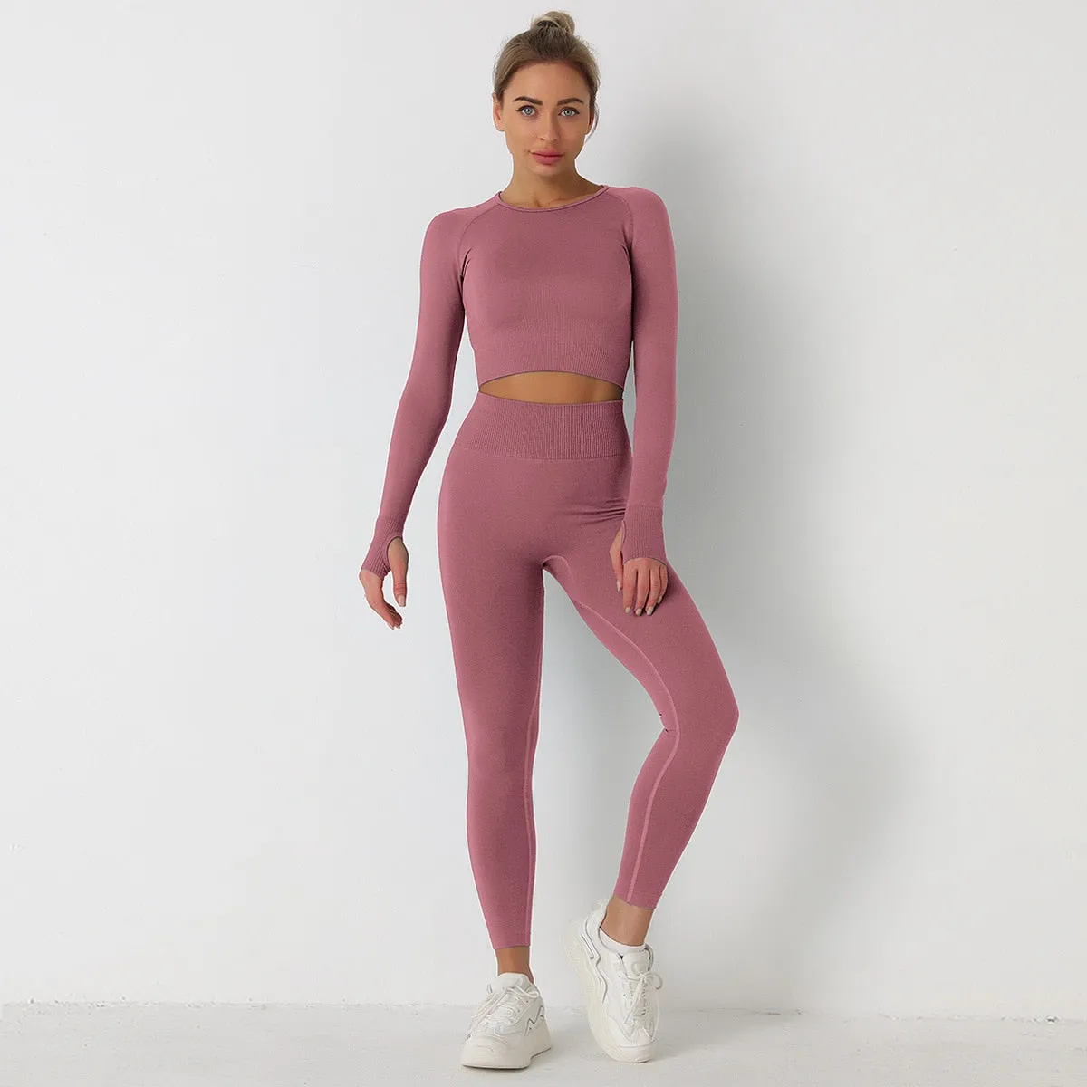 European and American Solid Color Yoga Suit Long Sleeve Anti-Shrink Quick-drying Crop Top High Waist pant tracksuit women