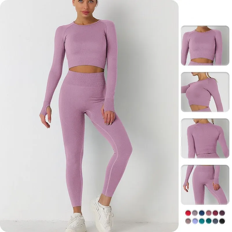 European and American Solid Color Yoga Suit Long Sleeve Anti-Shrink Quick-drying Crop Top High Waist pant tracksuit women