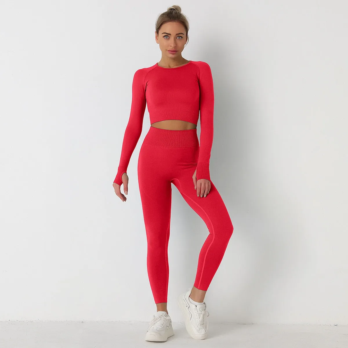 European and American Solid Color Yoga Suit Long Sleeve Anti-Shrink Quick-drying Crop Top High Waist pant tracksuit women