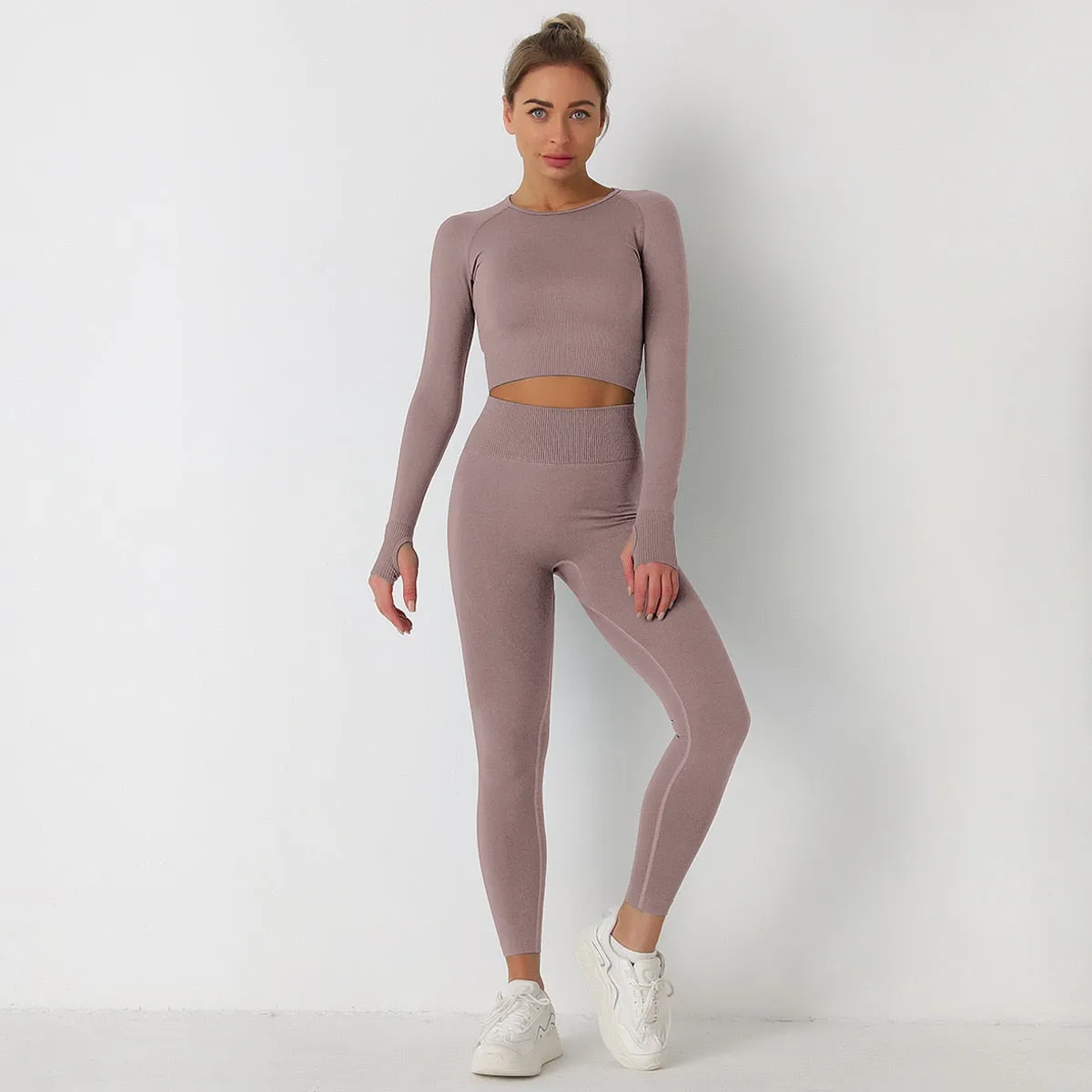 European and American Solid Color Yoga Suit Long Sleeve Anti-Shrink Quick-drying Crop Top High Waist pant tracksuit women