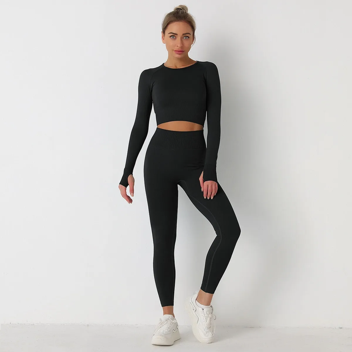 European and American Solid Color Yoga Suit Long Sleeve Anti-Shrink Quick-drying Crop Top High Waist pant tracksuit women