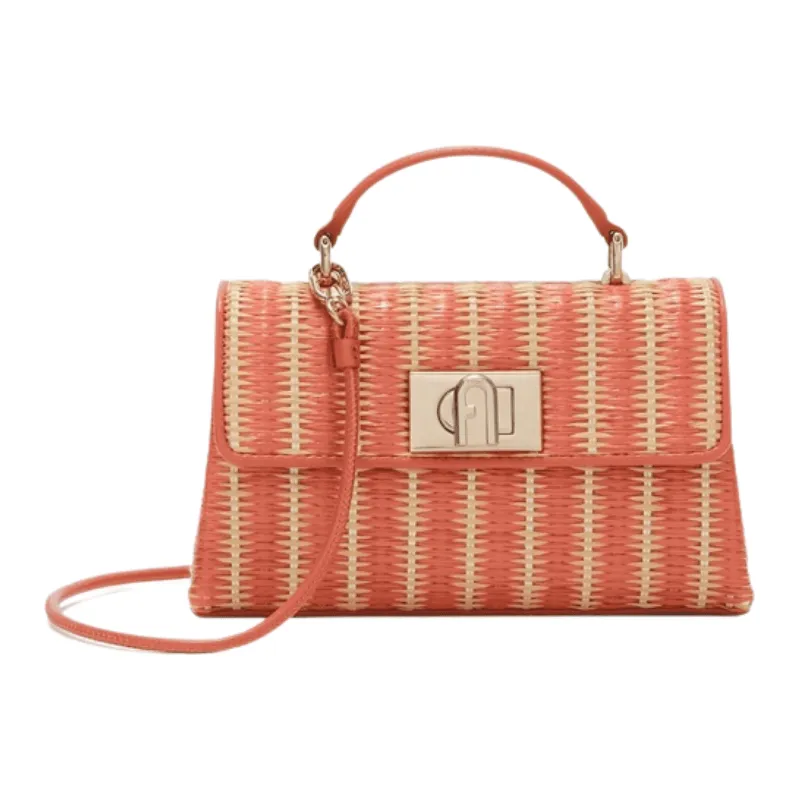 Furla 1927 Mini Crossbody Top Handle Raffia Bag - Orange/Light Beige